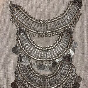 Intricate Silver Multi-Tier Coin Bib Necklace